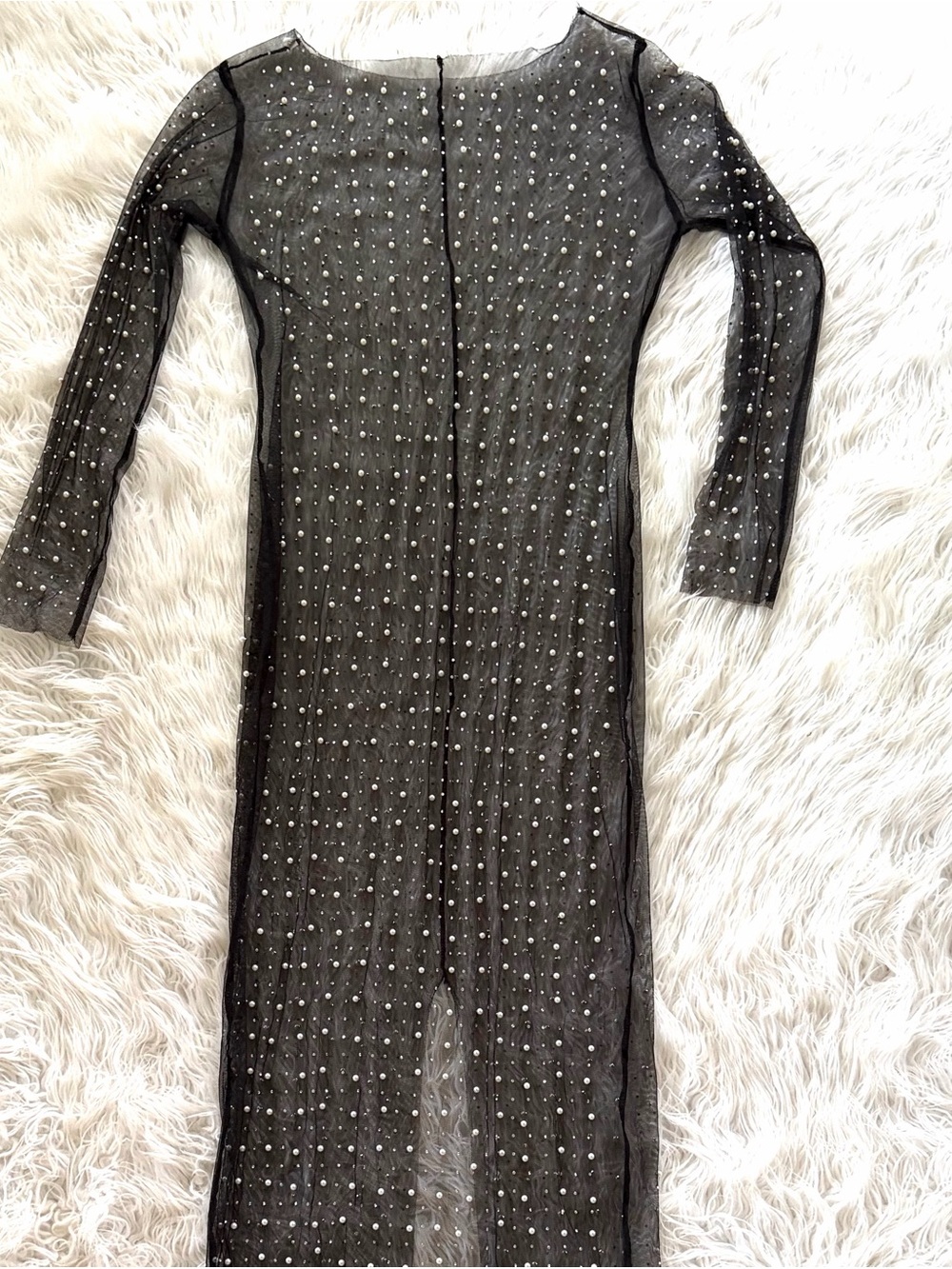 Black Sheer Mesh Pearl & Rhinestone Maxi Dress Beach Coverup XL - Picture 2 of 10